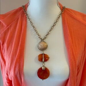 Chico’s vintage Long Gold  Chain Necklace with Coral,  Orange, & Cream Pendant